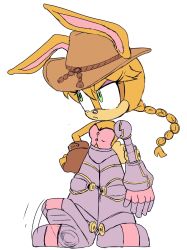 Rule 34 | 1girl, afterimage, animal nose, arm at side, blonde hair, body fur, braid, braided ponytail, breasts, brown gloves, brown hat, bunnie rabbot, buttons, cleavage, closed mouth, cowboy hat, cyborg, ears through headwear, female focus, fingerless gloves, flat color, furry, furry female, gloves, green eyes, hand on own hip, hat, highres, long hair, looking to the side, mechanical arms, mechanical legs, motion lines, pink shirt, rabbit ears, rabbit girl, rabbit tail, shirt, simple background, single glove, single mechanical arm, sketch, small breasts, solo, sonic (series), stellarspin, strapless, strapless shirt, tapping foot, white background, yellow fur