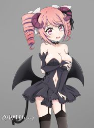Rule 34 | 1girl, bare shoulders, black neckwear, black thighhighs, blush, breasts, choker, clothing cutout, collarbone, cosplay, demon girl, demon horns, demon tail, drill hair, embarrassed, feet out of frame, grey background, hair ornament, hair ribbon, horns, jashin-chan dropkick, large breasts, looking at viewer, navel, navel cutout, open mouth, pink eyes, pink hair, pino (jashin-chan dropkick), ribbon, simple background, skirt, solo, standing, tail, thighhighs, tomato (papanohimitsu)
