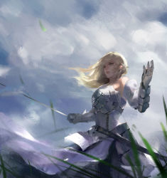 Rule 34 | 1girl, absurdres, aenrs, armor, artoria pendragon (fate), bare shoulders, blonde hair, cloud, cloudy sky, detached sleeves, fate/unlimited codes, fate (series), gauntlets, grass, green eyes, highres, lips, long hair, looking at viewer, saber (fate), saber lily, sheath, sky, solo, sword, weapon, wind