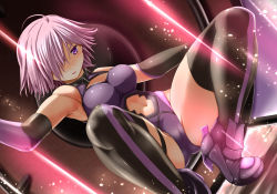 Rule 34 | 1girl, ahoge, ankle boots, arm up, bare shoulders, black gloves, black thighhighs, blush, boots, breasts, cameltoe, cleavage, cleavage cutout, clothing cutout, dutch angle, elbow gloves, fate/grand order, fate (series), gloves, gluteal fold, hair over one eye, highleg, highleg leotard, hiyu (hiyu-key), leotard, light, light particles, looking at viewer, mash kyrielight, medium breasts, navel cutout, nose blush, parted lips, pink hair, purple eyes, purple footwear, purple leotard, shield, short hair, smile, solo, squatting, thighhighs, thighs, v-shaped eyebrows