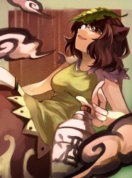 Rule 34 | 1girl, absurdres, animal ears, beekan, bottle, breasts, brown hair, brown skirt, commentary request, futatsuiwa mamizou, glasses, green shirt, highres, leaf, leaf on head, medium breasts, open mouth, raccoon tail, shirt, short hair, short sleeves, skirt, smoke, tail, touhou