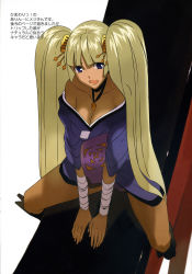 Rule 34 | 00s, 1girl, bandages, blonde hair, breasts, choker, cleavage, dark skin, dark-skinned female, highres, himawari, himawari!, himeji, japanese clothes, jewelry, large breasts, long hair, morii shizuki, necklace, off shoulder, purple eyes, solo, straddling, translation request, twintails, very long hair