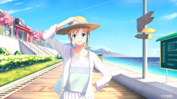 Rule 34 | 1girl, :d, absurdres, bad id, bad pixiv id, blouse, blue eyes, blue sky, bow, building, bush, contrail, day, english text, grass, hand on headwear, hand on own hip, hat, hat bow, highres, jewelry, looking at viewer, necklace, ocean, open mouth, original, outdoors, scenery, school uniform, shirt, sidewalk, signpost, skirt, sky, smile, solo, stairs, standing, torii, white shirt, white skirt, wristband, yuyu guantou (marky)