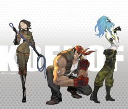 Rule 34 | 1boy, 2girls, ammunition pouch, armlet, text background, bandana, bare shoulders, belt, biceps, black hair, blue eyes, blue hair, breasts, brown eyes, brown hair, brown vest, camouflage, camouflage pants, cigar, closed mouth, dog tags, earrings, fingerless gloves, from side, gloves, greyboy t, hair between eyes, highres, holding, holding weapon, holding whip, jewelry, large breasts, leona heidern, lips, looking at viewer, male focus, midriff, military, military uniform, multiple girls, muscular, muscular male, pants, parted bangs, pectoral cleavage, pectorals, ponytail, pouch, ralf jones, red headwear, shirt, short hair, signature, sleeveless, sleeveless shirt, standing, sweatband, tank top, teeth, the king of fighters, the king of fighters xiv, the king of fighters xv, thick eyebrows, triangle earrings, uniform, vest, weapon, whip, whip (kof), white shirt, yellow tank top