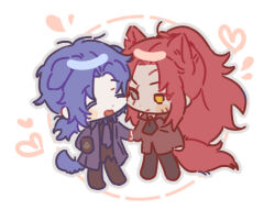 Rule 34 | 1boy, 1girl, animal ears, ascot, black ascot, blue hair, blush, chesed (project moon), chibi, closed eyes, coat, cup, dog ears, dog tail, gebura (project moon), heart, holding, holding cup, holding hands, library of ruina, long hair, low ponytail, lowres, mug, munjiduck, parted bangs, project moon, red coat, red hair, simple background, tail, very long hair, white background, wolf ears, wolf tail