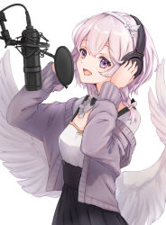 Rule 34 | 1girl, absurdres, black skirt, breasts, commentary request, feathered wings, hair between eyes, hairband, hands on headphones, hands up, headphones, highres, jacket, long sleeves, low wings, microphone, off shoulder, open clothes, open jacket, pink hair, pleated skirt, purple eyes, purple jacket, shirt, simple background, skirt, skycolor project, sleeves past wrists, small breasts, solo, usuwa suu, virtual youtuber, white background, white hairband, white shirt, white wings, wings, yuzuaji