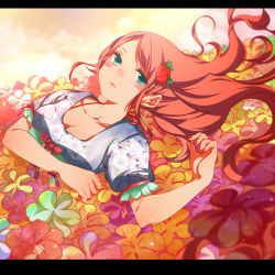 Rule 34 | 1girl, aqua eyes, bad id, bad pixiv id, brown hair, food, food-themed hair ornament, fruit, hair ornament, letterboxed, long hair, looking at viewer, lying, on back, original, solo, strawberry, strawberry hair ornament, youmi