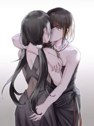 Rule 34 | 2girls, alternate costume, arm around neck, artist request, ass grab, back, bare arms, bare shoulders, black dress, black hair, brown hair, commentary request, couple, dress, eyepatch, female focus, girls&#039; frontline, gradient background, hand on another&#039;s chest, hand up, hug, kiss, long hair, looking at viewer, low twintails, m16a1 (girls&#039; frontline), mole, mole under eye, multicolored hair, multiple girls, ro635 (girls&#039; frontline), standing, strapless, strapless dress, streaked hair, twintails, yellow eyes, yuri