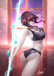 Rule 34 | 1girl, adsouto, arm up, ass, bare shoulders, bra, breasts, covered erect nipples, cowboy shot, dagger, genshin impact, gloves, gradient background, highres, holding, holding weapon, jewelry, knife, large breasts, looking at viewer, panties, parted lips, red eyes, red hair, rosaria (genshin impact), short hair, solo, standing, underwear, weapon