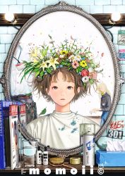 Rule 34 | 1boy, 2girls, absurdres, artist name, barber, blonde hair, bottle, brick wall, brown hair, collared shirt, cup, daisy, drinking glass, flower, flower request, hair brush, hair flower, hair ornament, hair spray, highres, id card, lanyard, leaf, light bulb, looking up, magazine (object), mirror, multiple girls, original, out of frame, parted lips, purple eyes, reflection, shampoo bottle, shirt, smock, solo focus, table, timtam z, tissue box, updo, vanity table, water