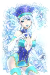 Rule 34 | 10s, 1girl, bad id, bad pixiv id, bare shoulders, blue eyes, blue flower, blue hair, blue rose, blue rose (tiger &amp; bunny), breasts, cleavage, earrings, elbow gloves, flower, gloves, hat, highres, jewelry, karina lyle, lipstick, makeup, matching hair/eyes, rose, short hair, solo, superhero costume, tiger &amp; bunny, yui (kari)