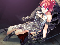 Rule 34 | 1girl, asymmetrical gloves, black footwear, black gloves, black ribbon, blue eyes, breasts, cleavage, dress, elbow gloves, from above, game cg, gloves, grey dress, hair between eyes, holding, holding sheath, ignis, jingai makyou, katana, large breasts, looking at viewer, looking up, neck ribbon, nishii (damnedrive), official art, parted lips, print dress, red hair, ribbon, sheath, sheathed, side slit, sitting, sleeveless, sleeveless dress, smile, solo, sword, weapon