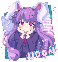 Rule 34 | 1girl, animal ears, blazer, blush, character name, closed mouth, hands on own cheeks, hands on own face, iris anemone, jacket, long hair, long sleeves, looking at viewer, necktie, outside border, purple hair, rabbit ears, red eyes, red necktie, reisen udongein inaba, solo, star-shaped pupils, star (symbol), striped, symbol-shaped pupils, touhou, triangle, twitter username, upper body