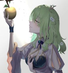 Rule 34 | 1girl, antlers, apple, artist request, branch, breasts, ceres fauna, cleavage, dress, flower, food, from side, fruit, golden apple, green hair, hair flower, hair ornament, half-closed eyes, hololive, hololive english, horns, leaf, medium breasts, medium hair, parted lips, virtual youtuber, wavy hair, white background, yellow eyes