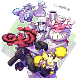 Rule 34 | 1boy, absurdres, animal on arm, aoi rena, bird, bird on arm, black eyes, clenched hand, creatures (company), crossover, decepticon, game freak, gen 7 pokemon, highres, holding, holding poke ball, looking at viewer, looking to the side, looking up, mecha, megatron, nintendo, open hand, oricorio, oricorio (baile), oricorio (pa&#039;u), oricorio (pom-pom), oricorio (sensu), poke ball, pokemon, pokemon (creature), red eyes, robot, transformers
