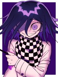 Rule 34 | 1boy, a (poipiku 325815), blood, checkered clothes, checkered scarf, commentary request, danganronpa (series), danganronpa v3: killing harmony, grin, hair between eyes, hand on own arm, hand up, impaled, jacket, long sleeves, looking at viewer, male focus, oma kokichi, open mouth, purple eyes, purple hair, scarf, short hair, smile, solo, straitjacket, sweatdrop, teeth, upper body, white jacket, wide-eyed