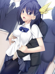 Rule 34 | 1girl, 3boys, black eyes, black hair, black pantyhose, blue bow, blurry, blush, bow, breasts, chikan, depth of field, dutch angle, formal, from behind, grabbing, grabbing another&#039;s breast, grabbing from behind, groping, hair bow, hair ribbon, multiple boys, necktie, open mouth, pantyhose, pleated skirt, ribbon, school uniform, short hair, skirt, solo focus, suit, train, train interior, yellow bow