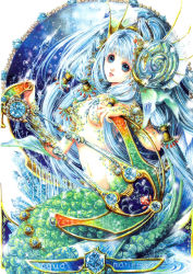 Rule 34 | 1girl, blue eyes, blue hair, fins, head fins, highres, long hair, matching hair/eyes, mermaid, monster girl, nao tsukiji, scales, smile, solo, water
