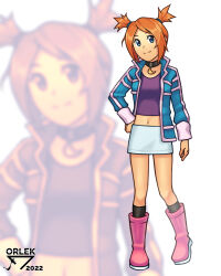 Rule 34 | 1girl, absurdres, aqua eyes, aqua jacket, arm at side, artist name, black choker, boots, choker, closed mouth, creatures (company), eyelashes, full body, game freak, hand on own hip, highres, jacket, kneehighs, long sleeves, looking at viewer, navel, nintendo, open clothes, open jacket, orange hair, orlek, pink footwear, pokemon, pokemon colosseum, purple shirt, rui (pokemon), shirt, skirt, smile, socks, solo, split mouth, standing, two side up, white background, white skirt, zoom layer