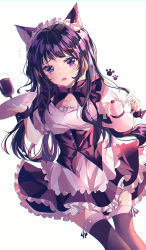 Rule 34 | 1girl, absurdres, alternate costume, animal ear fluff, animal ears, apron, bad id, bad pixiv id, black dress, black hair, cat ears, chitanda eru, dress, enmaided, highres, holding, holding teapot, holding tray, huge filesize, hyouka, looking to the side, maid, maid apron, maid headdress, open mouth, paw print, purple eyes, solo, teapot, thighhighs, tray, wine (2148 wine)