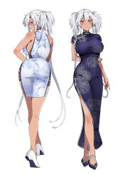 Rule 34 | 1girl, absurdres, arm behind back, ass, black nails, blue dress, blue footwear, blush, breasts, brown eyes, closed mouth, commentary request, dark-skinned female, dark skin, dress, unworn eyewear, from behind, full body, grey hair, high heels, highres, kantai collection, large breasts, long hair, multiple views, musashi (kancolle), nail polish, semi-rimless eyewear, simple background, smile, two side up, white background, white dress, white footwear, yunamaro