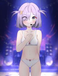 Rule 34 | 1girl, absurdres, belly, blush, blush stickers, bra, breasts, commission, concert, eien project, eyebrows, eyelashes, green eyes, hair over one eye, hand on own chest, headset, highres, knee up, knees up, looking at viewer, microphone, navel, panties, purple hair, shironomi, short hair, small breasts, smile, solo, stage, stage lights, standing, underwear, underwear only, virtual youtuber, white bra, white panties, zumi dokumi
