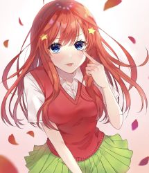 Rule 34 | 1girl, :p, blue eyes, blush, breasts, closed mouth, go-toubun no hanayome, green skirt, hair between eyes, hair ornament, highres, large breasts, long hair, looking at viewer, nakano itsuki, parum39, red hair, red sweater, shirt, simple background, skirt, solo, star (symbol), star hair ornament, sweater, sweater vest, tongue, tongue out, white background, white shirt