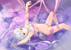 Rule 34 | 1girl, armpits, arms up, blush, bottomless, bound, breasts, flower, highres, looking at viewer, mini wings, navel, original, parufeito, pink ribbon, red eyes, ribbon, small breasts, solo, stomach, thighs, tied up, white hair, white wings, wings
