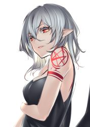 Rule 34 | 1girl, absurdres, black camisole, breasts, camisole, grey hair, highres, large breasts, looking at viewer, medium hair, aged up, parted lips, pink lips, pointy ears, red eyes, remilia scarlet, shoulder tattoo, shukusuri, simple background, slit pupils, smile, solo, tattoo, touhou, upper body, white background