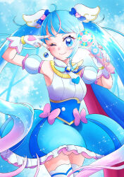 Rule 34 | 1girl, absurdres, blue cape, blue dress, blue eyes, blue hair, blue sky, bow, brooch, cape, closed mouth, cloud, cloudy sky, commentary, cowboy shot, cure sky, cut bangs, day, detached sleeves, dress, dress bow, earrings, fingerless gloves, frilled dress, frills, fujisaki star, gloves, highres, hirogaru sky! precure, jewelry, long hair, looking at viewer, magical girl, multicolored hair, one eye closed, outdoors, pink hair, precure, puffy detached sleeves, puffy sleeves, red cape, short dress, single earring, single sidelock, sky, sky mirage, sleeveless, sleeveless dress, smile, solo, sora harewataru, sparkle, standing, streaked hair, thighhighs, twintails, two-sided cape, two-sided fabric, two-tone dress, v over eye, very long hair, white dress, white gloves, white thighhighs, wing brooch, wing hair ornament