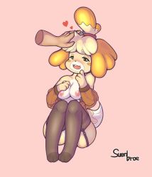 Rule 34 | animal crossing, animal ears, artist name, bare shoulders, bell, black thighhighs, blonde hair, blush, blush stickers, breasts, brown eyes, brown jacket, buck teeth, collarbone, disembodied hand, disembodied hand, dog ears, dog girl, dog tail, female focus, full body, furry, furry female, garter straps, hair bell, hair ornament, hair tie, half-closed eyes, hands up, headpat, heart, highres, isabelle (animal crossing), jacket, jingle bell, jpeg artifacts, long sleeves, looking to the side, medium breasts, nintendo, nipples, nose blush, off shoulder, open mouth, pink background, short hair, signature, simple background, sitting, smile, solo, suenbroe, tail, teeth, thighhighs, topknot