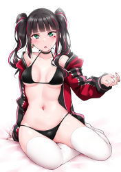 Rule 34 | 1girl, :o, alternate hairstyle, arm support, arm up, bed, bed sheet, bikini, black bikini, black choker, blunt bangs, blush, breasts, choker, collarbone, earrings, green eyes, halterneck, highres, jacket, jewelry, kurosawa dia, long sleeves, looking at viewer, love live!, love live! sunshine!!, medium breasts, multicolored hair, nail polish, navel, on bed, open clothes, open jacket, open mouth, red jacket, sidelocks, simple background, sitting, solo, star tattoo, streaked hair, string bikini, swimsuit, tattoo, thighhighs, twintails, underboob, white background, white thighhighs, yokozuwari, yopparai oni