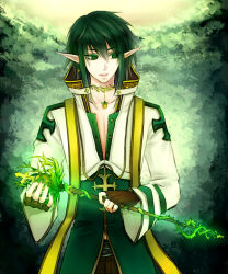 1boy, alternate color, archbishop (ragnarok online), bangs, black gloves, brown pants, coat, commentary request, cross, cross necklace, eyebrows visible through hair, fingerless gloves, gloves, green background, green coat, green eyes, green hair, green nails, high collar, holding, holding staff, jewelry, long sleeves, looking to the side, male focus, medium hair, nail polish, necklace, open mouth, pants, pointy ears, ragnarok online, retgra, solo, staff, upper body, white coat