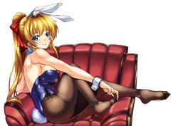 Rule 34 | 1girl, animal ears, armchair, bad id, bad pixiv id, bare shoulders, blonde hair, blue eyes, blush, bow, breasts, chair, couch, detached collar, fake animal ears, fishnet pantyhose, fishnets, from side, hair bow, highres, leotard, long hair, no shoes, original, pantyhose, playboy bunny, rabbit ears, rabbit tail, shirokuma a, sideboob, simple background, solo, tail, white background, wrist cuffs