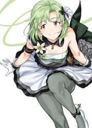 Rule 34 | 1girl, bare shoulders, bow, brown eyes, commentary, detached collar, dress, flower, glance, gloves, green hair, hair bow, highres, idolmaster, idolmaster (classic), idolmaster stella stage, knee up, looking to the side, mole, mole under eye, pantyhose, parted bangs, shiika (idolmaster), short hair, sitting, skirt, smile, solo, tsurui, white background, white gloves
