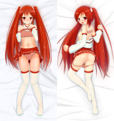 Rule 34 | 1girl, ass, bare shoulders, blush, cameltoe, dakimakura (medium), detached sleeves, flat chest, frown, hair bobbles, hair ornament, highres, hourai no asan, long hair, looking back, lying, navel, on back, on side, open mouth, original, panties, pantyshot, pussy, red eyes, red hair, shirt, solo, striped clothes, striped shirt, tenga, thighhighs, twintails, uncensored, underwear, very long hair, white thighhighs, zettai ryouiki