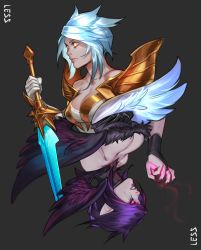 Rule 34 | absurdres, artist name, bare shoulders, black background, blue hair, breasts, cleavage, collarbone, colored sclera, commission, fingernails, from side, gloves, highres, holding, holding sword, holding weapon, kayle (league of legends), league of legends, less, long fingernails, medium breasts, mini wings, morgana (league of legends), pointy ears, purple hair, red eyes, red sclera, rotational symmetry, short hair, simple background, sword, tagme, watermark, weapon, wings, yellow eyes, yellow sclera