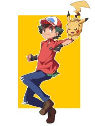 Rule 34 | 1boy, 32890 (artist), ash ketchum, baseball cap, black gloves, black hair, brown eyes, brown footwear, buttons, clenched hands, closed mouth, collared shirt, commentary, cosplay, creatures (company), fingerless gloves, game freak, gen 1 pokemon, gloves, hat, highres, male focus, nintendo, outline, pants, pikachu, plaid, pokemon, pokemon (anime), pokemon on arm, pokemon swsh, red shirt, shirt, shoes, short hair, smile, torn clothes, torn pants, victor (pokemon), victor (pokemon) (cosplay)