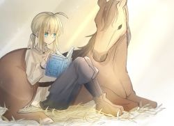 Rule 34 | 1girl, absurdres, ahoge, alternate costume, artoria pendragon (all), artoria pendragon (fate), blonde hair, blue eyes, blue pants, book, brown footwear, collared shirt, fate/stay night, fate (series), full body, hair between eyes, highres, holding, horse, long sleeves, medium hair, nayu tundora, open book, pants, ponytail, reading, saber (fate), shirt, short ponytail, sidelocks, sitting, sketch, solo, white background, white shirt, wing collar