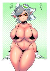 Rule 34 | 1girl, bikini, black bikini, breasts, closed mouth, collarbone, curvy, domino mask, earrings, gloves, gluteal fold, green hair, hair ornament, highres, marie (splatoon), huge breasts, jewelry, looking at viewer, mask, micro bikini, nintendo, pointy ears, rivyk, short hair, skindentation, solo, splatoon (series), standing, swimsuit, tentacle hair, thick thighs, thigh gap, thighs, white gloves, wide hips, yellow eyes