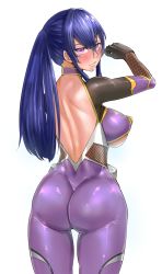 Rule 34 | 00s, 1girl, absurdres, akiyama rinko, artist request, ass, back, blue hair, blush, bodysuit, breasts, female focus, gloves, highres, huge ass, lilith-soft, long hair, looking at viewer, looking back, ponytail, purple eyes, shiny clothes, shiny skin, simple background, taimanin (series), taimanin asagi, taimanin yukikaze, thigh gap, underboob, very long hair