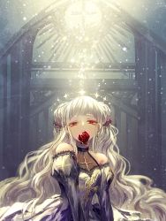 Rule 34 | 1girl, detached sleeves, dress, flower, long hair, looking at viewer, mint5464, mouth hold, original, red eyes, rose, solo, white hair