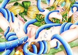 Rule 34 | 1girl, absurdres, arms up, blonde hair, blue eyes, bow, breasts, censored, green bow, hair bow, highres, hmdark-9, legs, long hair, lying, mosaic censoring, nipples, no panties, on back, one eye closed, pussy, restrained, riesz, seiken densetsu, seiken densetsu 3, slime (substance), solo, spread legs, tears, tentacles, torn clothes, traditional media, underboob, very long hair