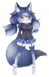 Rule 34 | 10s, 1girl, animal ear fluff, animal ears, arm at side, black ribbon, blue hair, blue skirt, breasts, buttons, commentary request, dire wolf (kemono friends), double-breasted, full body, fur collar, fur trim, garter straps, gloves, gradient legwear, hair ribbon, ise (0425), japari symbol, juliet sleeves, kemono friends, legs apart, long sleeves, looking at viewer, multicolored clothes, multicolored legwear, plaid, plaid skirt, puffy sleeves, ribbon, simple background, skirt, smile, solo, standing, tail, thighhighs, unmoving pattern, v-shaped eyebrows, white background, white gloves, wolf ears, wolf tail, yellow eyes, zettai ryouiki