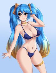 Rule 34 | 1girl, arm up, bikini, blonde hair, blue bikini, blue eyes, blue hair, blush, breasts, closed mouth, collarbone, colored tips, facing viewer, gold choker, hair ornament, hand in own hair, highres, large breasts, league of legends, leonart, long hair, looking to the side, multicolored hair, navel, skindentation, smile, solo, sona (league of legends), stomach, swimsuit, thighlet, twintails, very long hair