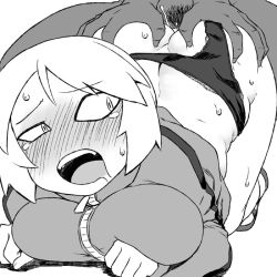 Rule 34 | 1boy, 1girl, ass, ass grab, bad id, bad pixiv id, blush, breast press, breasts, character request, clothed female nude male, clothed sex, clothing aside, crying, crying with eyes open, doggystyle, full-face blush, greyscale, hetero, huge breasts, jacket, monochrome, nude, original, out of frame, panties, panties aside, sex, sex from behind, short hair, solo focus, tears, top-down bottom-up, track jacket, tsukudani (coke-buta), underwear