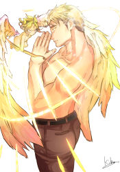 Rule 34 | 2boys, angel, bara, blonde hair, bow, bow (weapon), brown pants, character request, feathered wings, from side, halo, highres, holding, holding bow (ornament), kidomh63, looking at viewer, male focus, multiple boys, muscular, muscular male, palms together, pants, pectorals, praying, short hair, sideburns, tokyo houkago summoners, topless male, weapon, wings