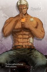 Rule 34 | 1boy, abs, bara, cigarette, commentary request, hige kariudoshachi, large pectorals, male focus, mature male, muscular, muscular male, navel, nipples, old, old man, original, pectorals, smoking, solo, stomach, topless male