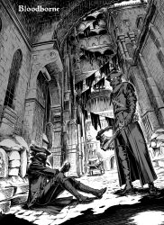 Rule 34 | 2boys, arizuka (catacombe), bloodborne, boots, city, coat, commentary request, gloves, greyscale, gun, hat, highres, holding, holding gun, holding weapon, hunter (bloodborne), long sleeves, male focus, mask, monochrome, mouth mask, multiple boys, on ground, outdoors, saw, saw cleaver, sitting, standing, tricorne, weapon