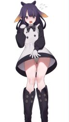 Rule 34 | 1girl, @ @, absurdres, apron, black dress, black footwear, blush, bow, bowtie, commentary, dress, flying sweatdrops, from below, gloves, gluteal fold, highres, hololive, hololive english, knees, long hair, long sleeves, looking at viewer, mole, mole under eye, ninomae ina&#039;nis, ninomae ina&#039;nis (6th costume), ninomae ina&#039;nis (pastry chef), official alternate costume, open mouth, panties, pointy ears, purple eyes, purple hair, raised eyebrow, skaarl (artist), solo, tentacle hair, underwear, upskirt, virtual youtuber, wavy hair, white apron, white gloves